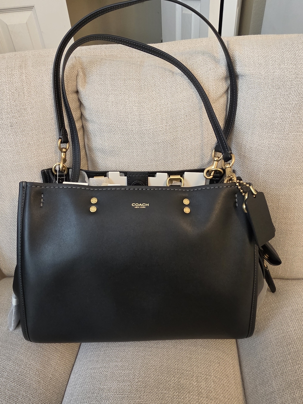COACH Black Leather Tote Bag with Gold Hardware
